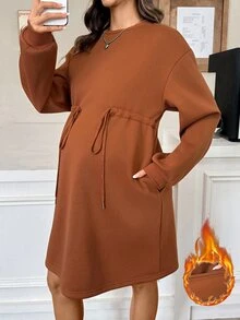 SHEIN Gaun Hamil Kasual dengan Tali Serut di Pinggang dan Lapisan Termal untuk Musim Gugur/Dingin - Rust Brown - View 8