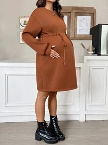 SHEIN Gaun Hamil Kasual dengan Tali Serut di Pinggang dan Lapisan Termal untuk Musim Gugur/Dingin - Rust Brown - View 4