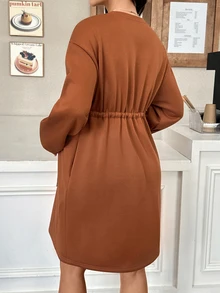 SHEIN Gaun Hamil Kasual dengan Tali Serut di Pinggang dan Lapisan Termal untuk Musim Gugur/Dingin - Rust Brown - View 2