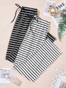 Snug Zone 2pcs Celana Piyama Bergaris Kasual Wanita, Pakaian Nyaman Musim Gugur, Musim Dingin - MultiWarna - View 3