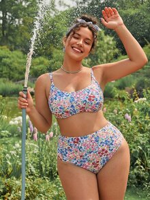 Swim Mod 2026新款春夏加大码两件套碎花随机印花圆领可调节肩带女士比基尼套装，适合海滩、度假穿着 - 彩色 - 查看 5