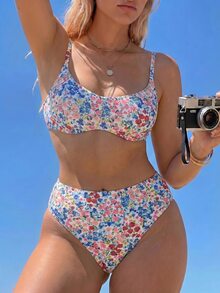 Swim Mod 2026新款春夏加大码两件套碎花随机印花圆领可调节肩带女士比基尼套装，适合海滩、度假穿着 - 彩色 - 查看 4