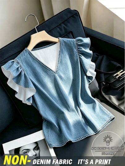 SHEIN Franclia 女款休閒百搭白色襯衫，荷葉袖波浪袖，V領套頭上衣，波點印花短袖襯衫，背心上衣，夏季度假穿搭