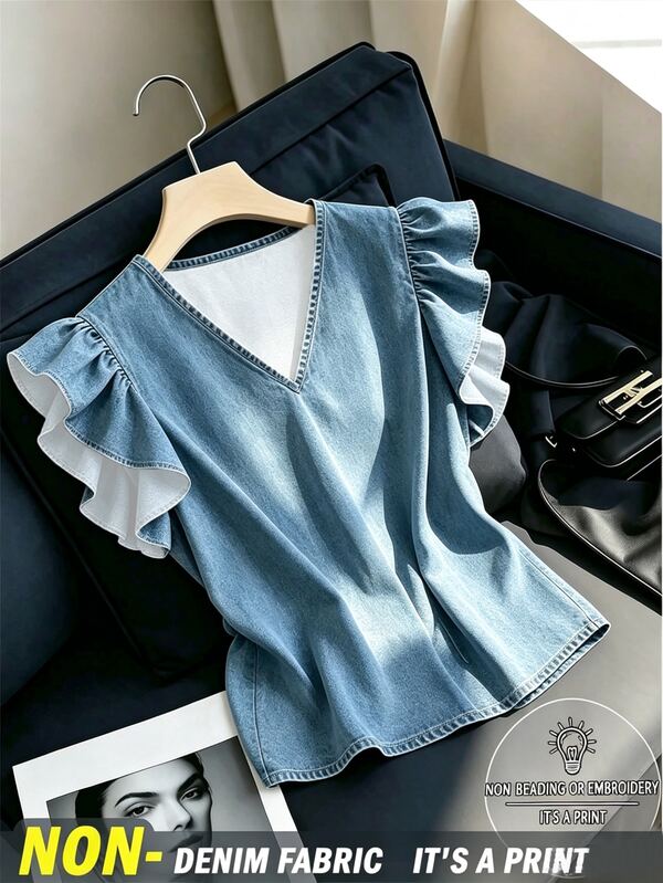 SHEIN Franclia 女款休閒百搭白色襯衫，荷葉袖波浪袖，V領套頭上衣，波點印花短袖襯衫，背心上衣，夏季度假穿搭