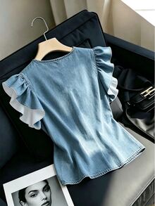 SHEIN Franclia 女款休閒百搭白色襯衫，荷葉袖波浪袖，V領套頭上衣，波點印花短袖襯衫，背心上衣，夏季度假穿搭 - 淺色水洗藍 - 查看 2