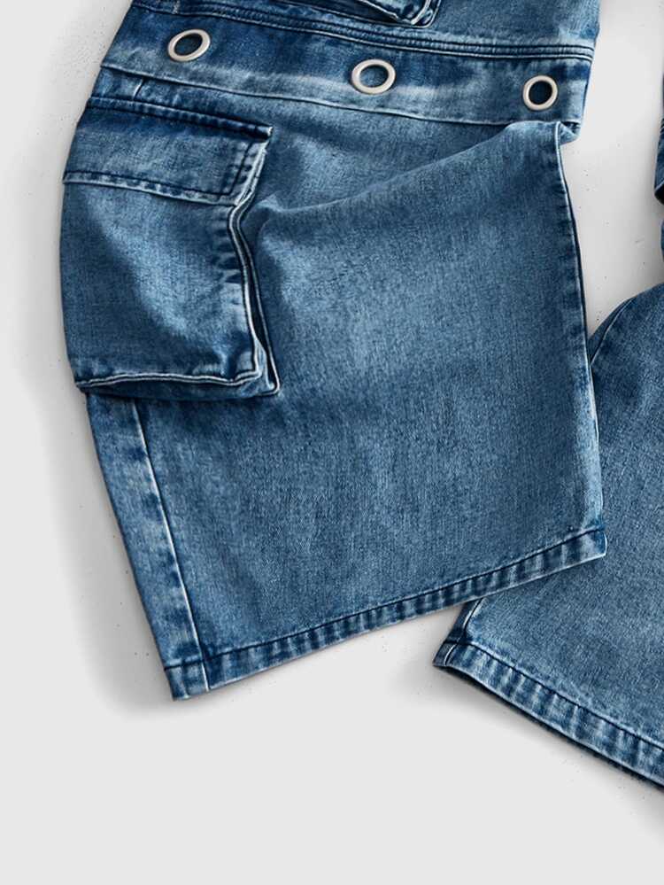 ROMWE MEN Street Life Celana Jeans Denim Pria Kasual Sehari-hari, Tebal, Model Lurus, dengan Saku dan Kancing - Biru - View 6