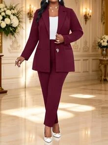 Fleurora Plus Size Elegant Metal Buckle Long Sleeve Jacket And Pants Suit Set - Burgundy - View 5