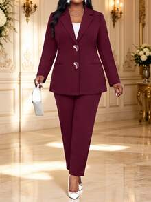 Fleurora Plus Size Elegant Metal Buckle Long Sleeve Jacket And Pants Suit Set - Burgundy - View 3