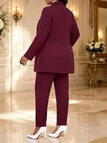 Fleurora Plus Size Elegant Metal Buckle Long Sleeve Jacket And Pants Suit Set - Burgundy - View 2