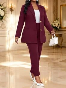Fleurora Plus Size Elegant Metal Buckle Long Sleeve Jacket And Pants Suit Set - Burgundy - View 6