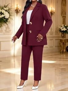 Fleurora Plus Size Elegant Metal Buckle Long Sleeve Jacket And Pants Suit Set - Burgundy - View 4