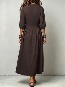 Linhara CURVE Plus Solid Button Front Lantern Sleeve Dress Fall - Brown - View 2