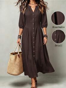 Linhara CURVE Plus Solid Button Front Lantern Sleeve Dress Fall - Brown - View 1