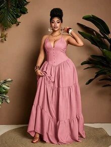 Maweii Plus Size Women Denim Effect A-Line Long Strap Sexy Dress Fall - Pink - View 1