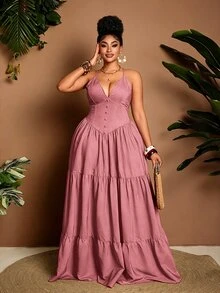 Maweii Plus Size Women Denim Effect A-Line Long Strap Sexy Dress Fall - Pink - View 5