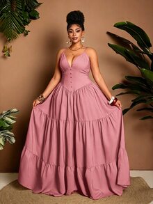 Maweii Plus Size Women Denim Effect A-Line Long Strap Sexy Dress Fall - Pink - View 3