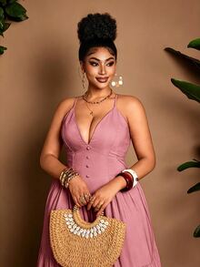 Maweii Plus Size Women Denim Effect A-Line Long Strap Sexy Dress Fall - Pink - View 2