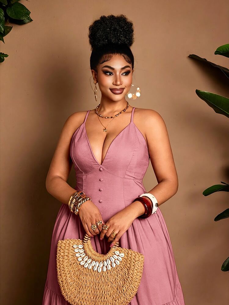 Maweii Plus Size Women Denim Effect A-Line Long Strap Sexy Dress Fall - Pink - View 2