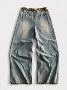 ROMWE MEN Men's Leopard Print Patchwork Loose Fit Jeans - Multicolor - View 3