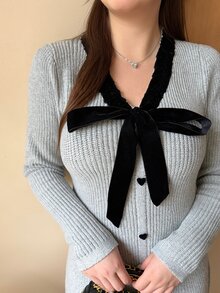 Bijouette Autumn Plus Size Bowknot Knit Dress, Square Neck Heart Button Waist-Cinching Slimming A-Line Mini Dress - Grey - View 2