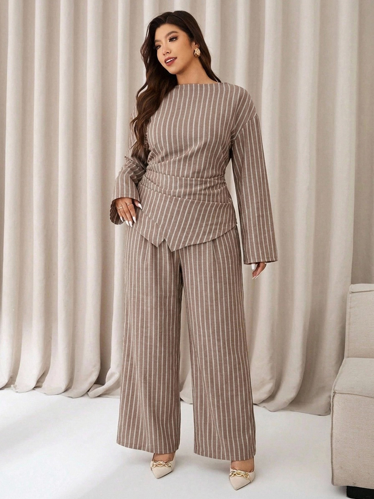 Auralis Plus Size Women's Striped Asymmetric Hem Shirt And Wide Leg Pants Casual 2 Pieces Set Casual Daily Going Out Office Striped Sets For Women Fall/Winter - Brown - View 6