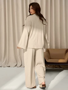 Auralis Autumn/Winter Comfortable Plus Size Basic High Elasticity Mixed Color Fabric Casual Crew Neck Side Slit 2 Pieces Set/Straight Leg Pants/Fall/Winter - Apricot - View 5