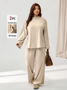 Auralis Autumn/Winter Comfortable Plus Size Basic High Elasticity Mixed Color Fabric Casual Crew Neck Side Slit 2 Pieces Set/Straight Leg Pants/Fall/Winter - Apricot - View 8