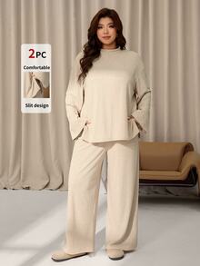 Auralis Autumn/Winter Comfortable Plus Size Basic High Elasticity Mixed Color Fabric Casual Crew Neck Side Slit 2 Pieces Set/Straight Leg Pants/Fall/Winter - Apricot - View 11
