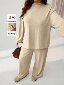 Auralis Autumn/Winter Comfortable Plus Size Basic High Elasticity Mixed Color Fabric Casual Crew Neck Side Slit 2 Pieces Set/Straight Leg Pants/Fall/Winter - Apricot - View 7