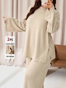Auralis Autumn/Winter Comfortable Plus Size Basic High Elasticity Mixed Color Fabric Casual Crew Neck Side Slit 2 Pieces Set/Straight Leg Pants/Fall/Winter - Apricot - View 6