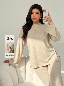 Auralis Autumn/Winter Comfortable Plus Size Basic High Elasticity Mixed Color Fabric Casual Crew Neck Side Slit 2 Pieces Set/Straight Leg Pants/Fall/Winter - Apricot - View 9