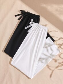 Snug Zone 2pcs Women's Solid Color Tie Waist Sleep Pajama Pants, Fall Winter Clothes - Multicolor - View 2