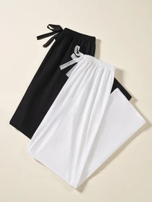 Snug Zone 2pcs Women's Solid Color Tie Waist Sleep Pajama Pants, Fall Winter Clothes - Multicolor - View 3