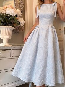 SHEIN MOD Blue Bow Jacquard Pleated Waist Long Dress - Blue - View 3