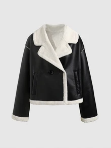 SHEIN Teen Girl Autumn/Winter Street Style PU Composite Thermal Lined Contrast Color Lapel Pocket Biker Jacket, Suitable For Autumn/Winter, Daily Wear - Black - View 9