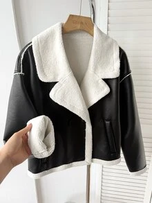 SHEIN Teen Girl Autumn/Winter Street Style PU Composite Thermal Lined Contrast Color Lapel Pocket Biker Jacket, Suitable For Autumn/Winter, Daily Wear - Black - View 4
