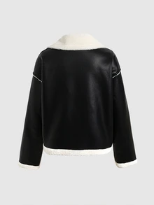 SHEIN Teen Girl Autumn/Winter Street Style PU Composite Thermal Lined Contrast Color Lapel Pocket Biker Jacket, Suitable For Autumn/Winter, Daily Wear - Black - View 7