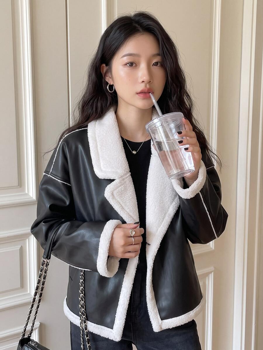SHEIN Teen Girl Autumn/Winter Street Style PU Composite Thermal Lined Contrast Color Lapel Pocket Biker Jacket, Suitable For Autumn/Winter, Daily Wear - Black - View 1