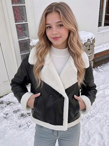 SHEIN Teen Girl Autumn/Winter Street Style PU Composite Thermal Lined Contrast Color Lapel Pocket Biker Jacket, Suitable For Autumn/Winter, Daily Wear - Black - View 3