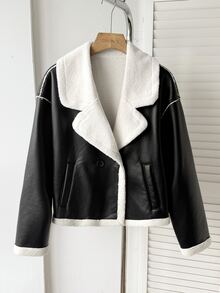 SHEIN Teen Girl Autumn/Winter Street Style PU Composite Thermal Lined Contrast Color Lapel Pocket Biker Jacket, Suitable For Autumn/Winter, Daily Wear - Black - View 2