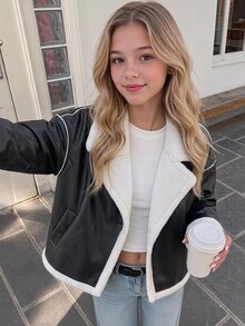 SHEIN Teen Girl Autumn/Winter Street Style PU Composite Thermal Lined Contrast Color Lapel Pocket Biker Jacket, Suitable For Autumn/Winter, Daily Wear - Black - View 5