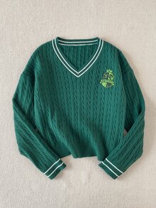 PrepCrw HARRY POTTER X SHEIN 青少年女孩綠白條紋V領寬鬆長袖刺繡麻花針織秋季毛衣，學院風街頭復古風格教師節 - 墨綠色 - 查看 4