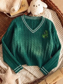 PrepCrw HARRY POTTER X SHEIN 青少年女孩綠白條紋V領寬鬆長袖刺繡麻花針織秋季毛衣，學院風街頭復古風格教師節 - 墨綠色 - 查看 2