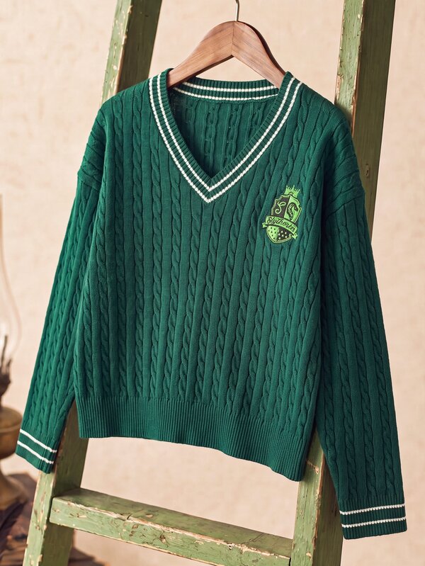 PrepCrw HARRY POTTER X SHEIN Tween Girl Striped V-Neck Tween Girl Loose Long Sleeve Embroidered Green Cable Knit Autumn Sweater, Preppy Style, Suitable For Back To School And Daily Wear