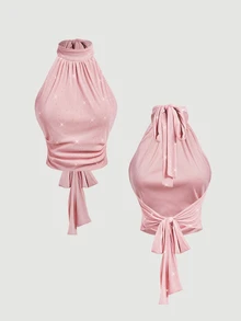 SHEIN MOD 水鑽裝飾立領掛脖後綁帶女款上衣 - 粉色 - 查看 2
