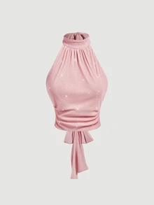 SHEIN MOD 水鑽裝飾立領掛脖後綁帶女款上衣 - 粉色 - 查看 4