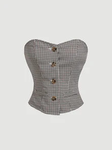 SHEIN MOD Women's Plaid Single-Breasted Bandeau Top And Mini Skirt Suit Set - Multicolor - View 8
