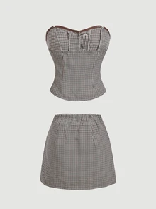 SHEIN MOD Women's Plaid Single-Breasted Bandeau Top And Mini Skirt Suit Set - Multicolor - View 4
