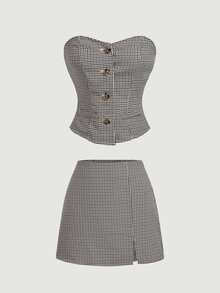 SHEIN MOD Women's Plaid Single-Breasted Bandeau Top And Mini Skirt Suit Set - Multicolor - View 3