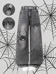 Tween Boy Spider Web Print Denim Cargo Pants, Halloween Element Print, Fashion Casual Style, New Arrival, Light Blue Denim With Streetwear Print, Elastic Waistband, Premium Cotton Denim Fabric, Comfortable Wear, Multi-Pocket Loose Fit, Suitable For Fashion Photos, Vacation, School, Multi-Scenario Wear, Denim Cargo Pants - Grey - View 1